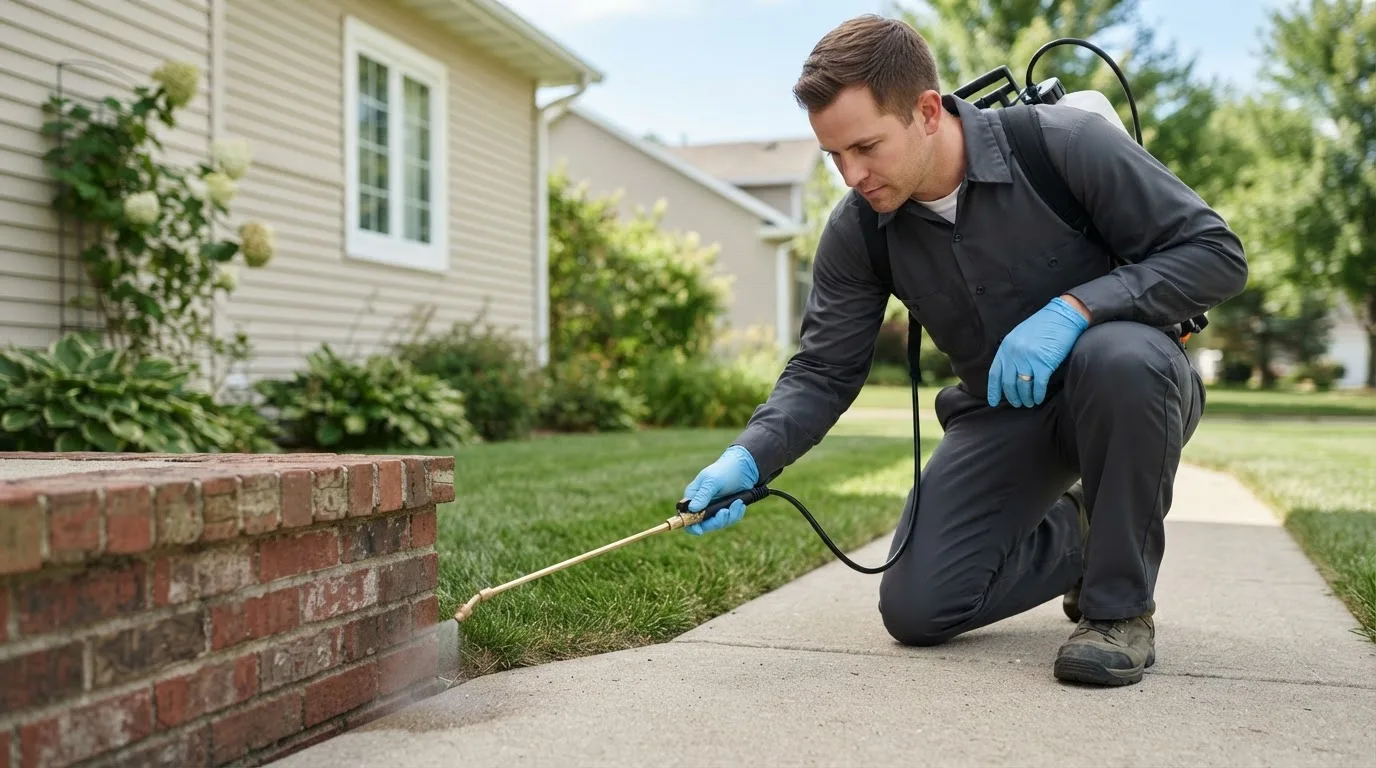 Pest control technician treating a home near Hollandale, MN