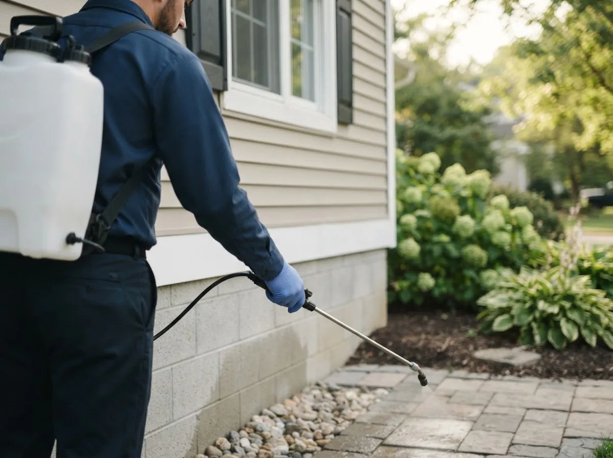 Pest control technician inspecting a home in Hollandale, MN